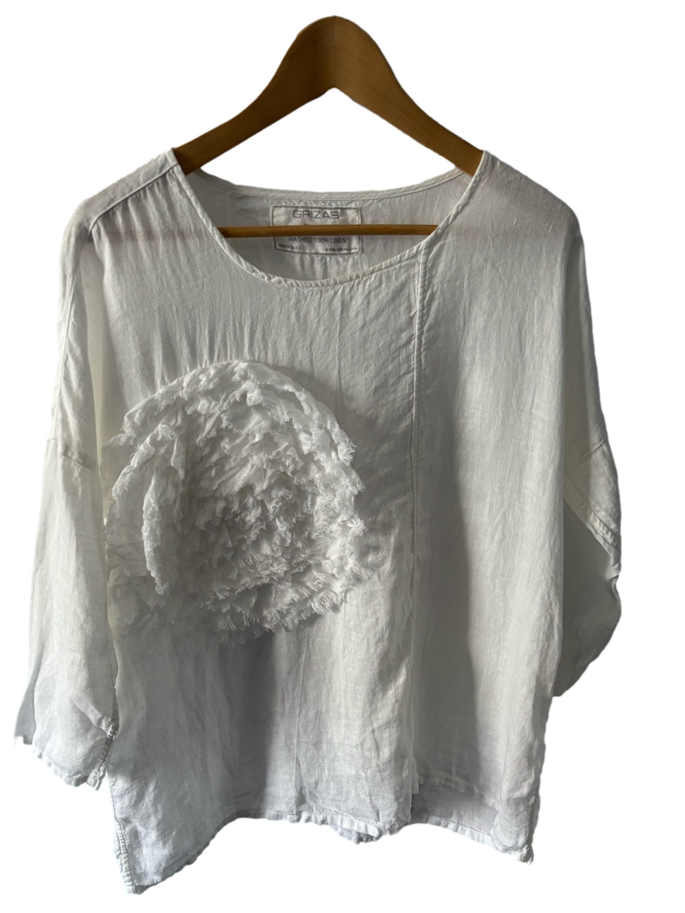 GRIZAS Washed Linen White Textured Floral Appliqué Top XS Bohemian Minimalist